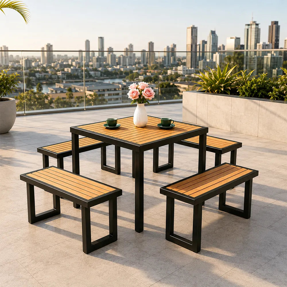 SOLARA Outdoor Dining Set - 75cm Square Table with 4 Benches WPC Surface Iron Frame Patio Furniture for Garden Cafe Leisure Spaces - Black
