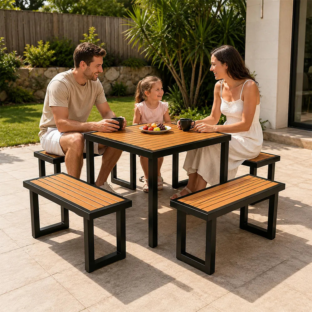 SOLARA Outdoor Dining Set - 75cm Square Table with 4 Benches WPC Surface Iron Frame Patio Furniture for Garden Cafe Leisure Spaces - Black