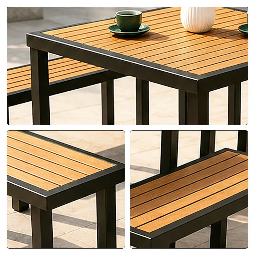 SOLARA Outdoor Dining Set - 75cm Square Table with 4 Benches WPC Surface Iron Frame Patio Furniture for Garden Cafe Leisure Spaces - Black