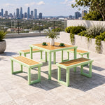 SOLARA Outdoor Dining Set - 75cm Square Table with 4 Benches WPC Surface Iron Frame Patio Furniture for Garden Cafe Leisure Spaces - Green