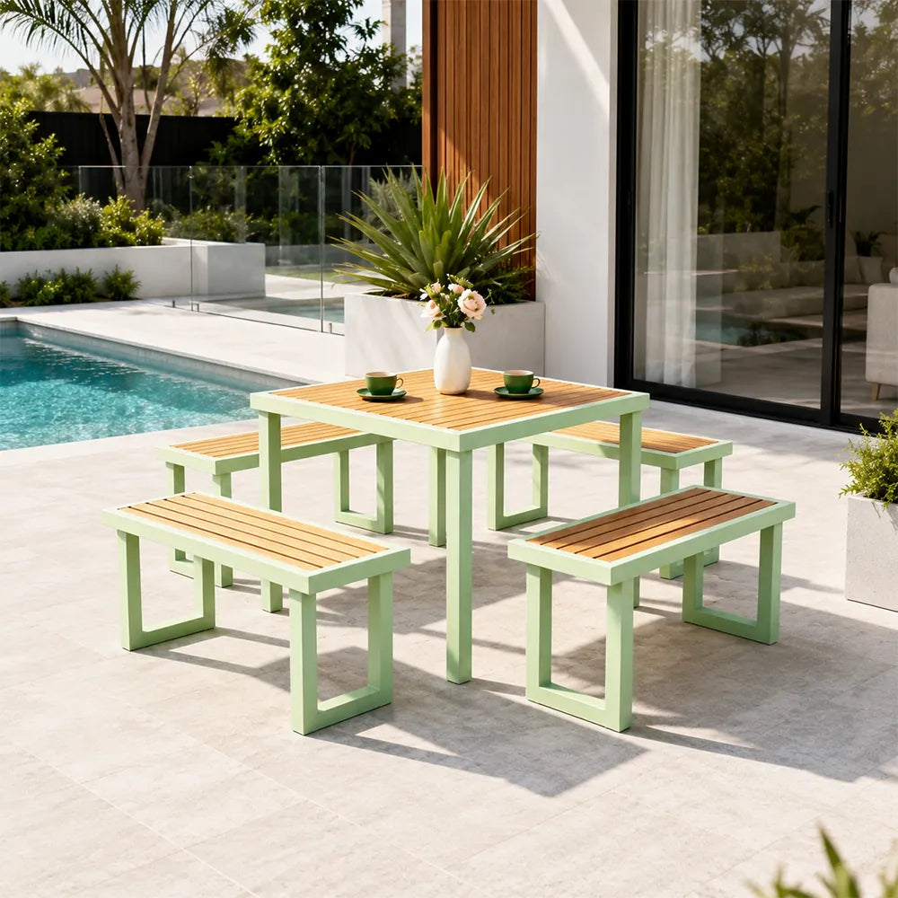SOLARA Outdoor Dining Set - 75cm Square Table with 4 Benches WPC Surface Iron Frame Patio Furniture for Garden Cafe Leisure Spaces - Green