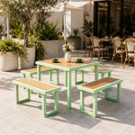 SOLARA Outdoor Dining Set - 75cm Square Table with 4 Benches WPC Surface Iron Frame Patio Furniture for Garden Cafe Leisure Spaces - Green