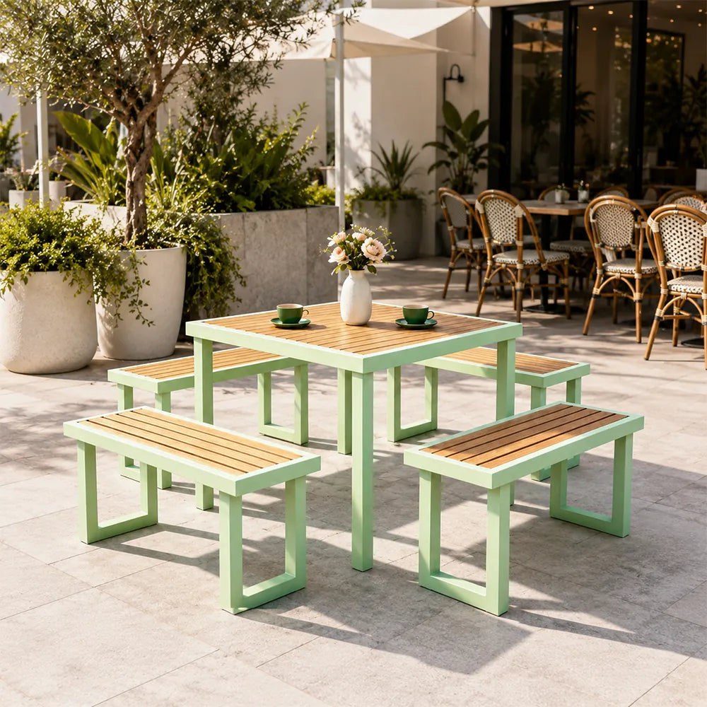 SOLARA Outdoor Dining Set - 75cm Square Table with 4 Benches WPC Surface Iron Frame Patio Furniture for Garden Cafe Leisure Spaces - Green