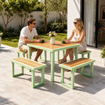 SOLARA Outdoor Dining Set - 75cm Square Table with 4 Benches WPC Surface Iron Frame Patio Furniture for Garden Cafe Leisure Spaces - Green