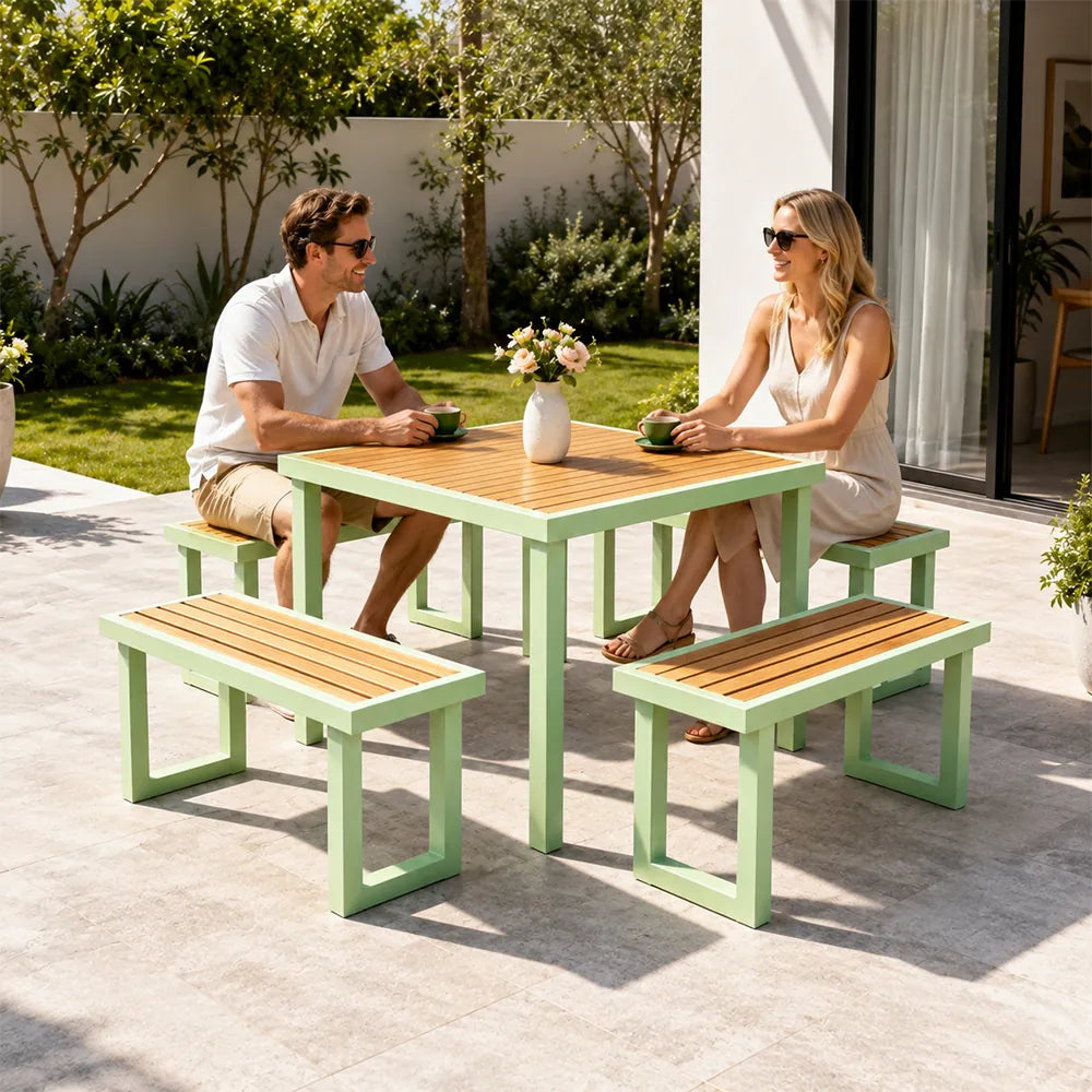SOLARA Outdoor Dining Set - 75cm Square Table with 4 Benches WPC Surface Iron Frame Patio Furniture for Garden Cafe Leisure Spaces - Green