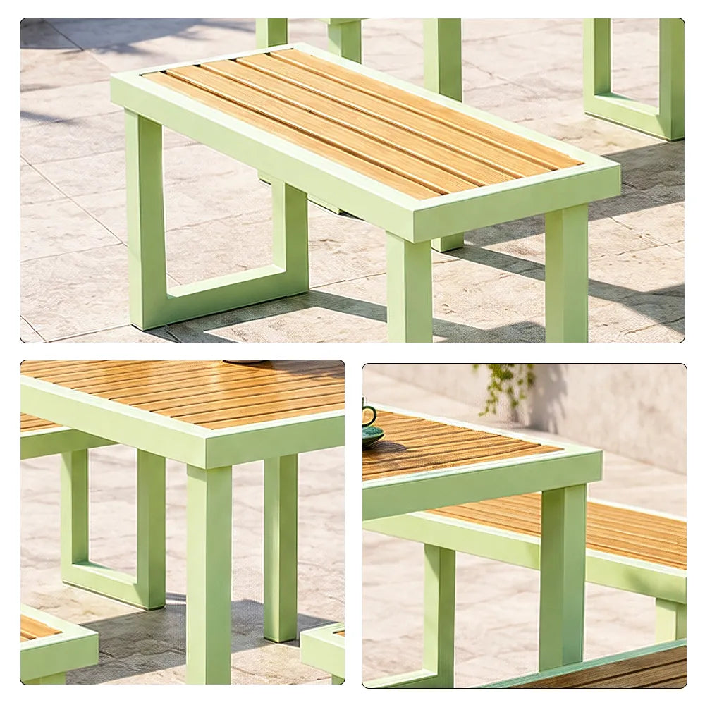 SOLARA Outdoor Dining Set - 75cm Square Table with 4 Benches WPC Surface Iron Frame Patio Furniture for Garden Cafe Leisure Spaces - Green