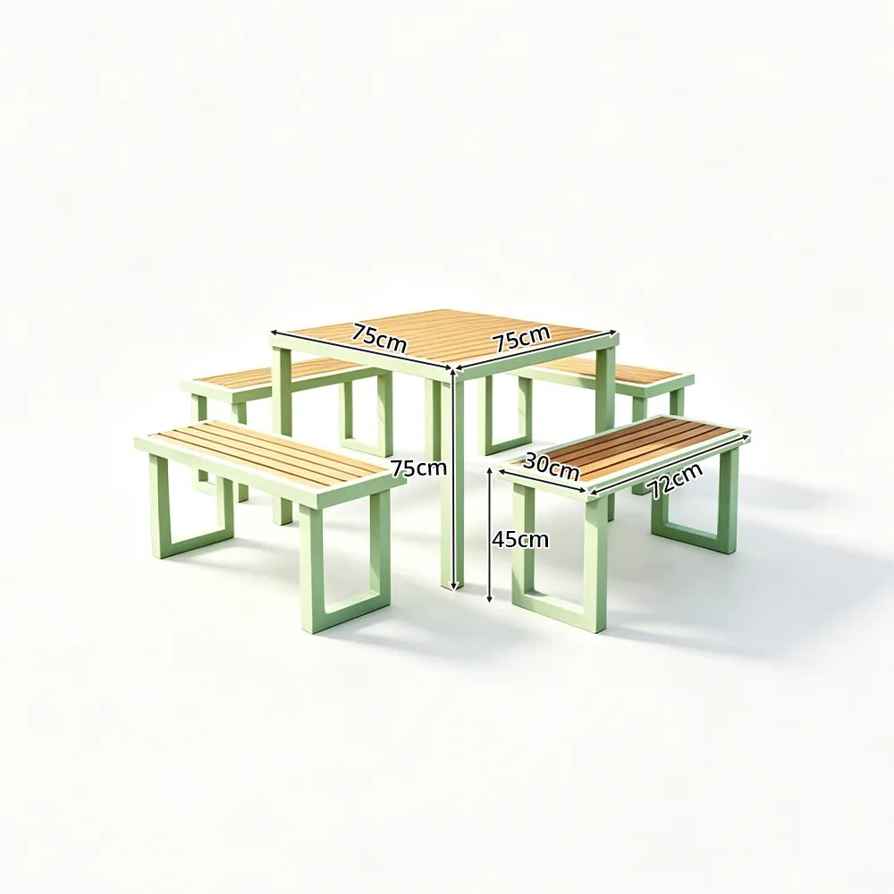 SOLARA Outdoor Dining Set - 75cm Square Table with 4 Benches WPC Surface Iron Frame Patio Furniture for Garden Cafe Leisure Spaces - Green