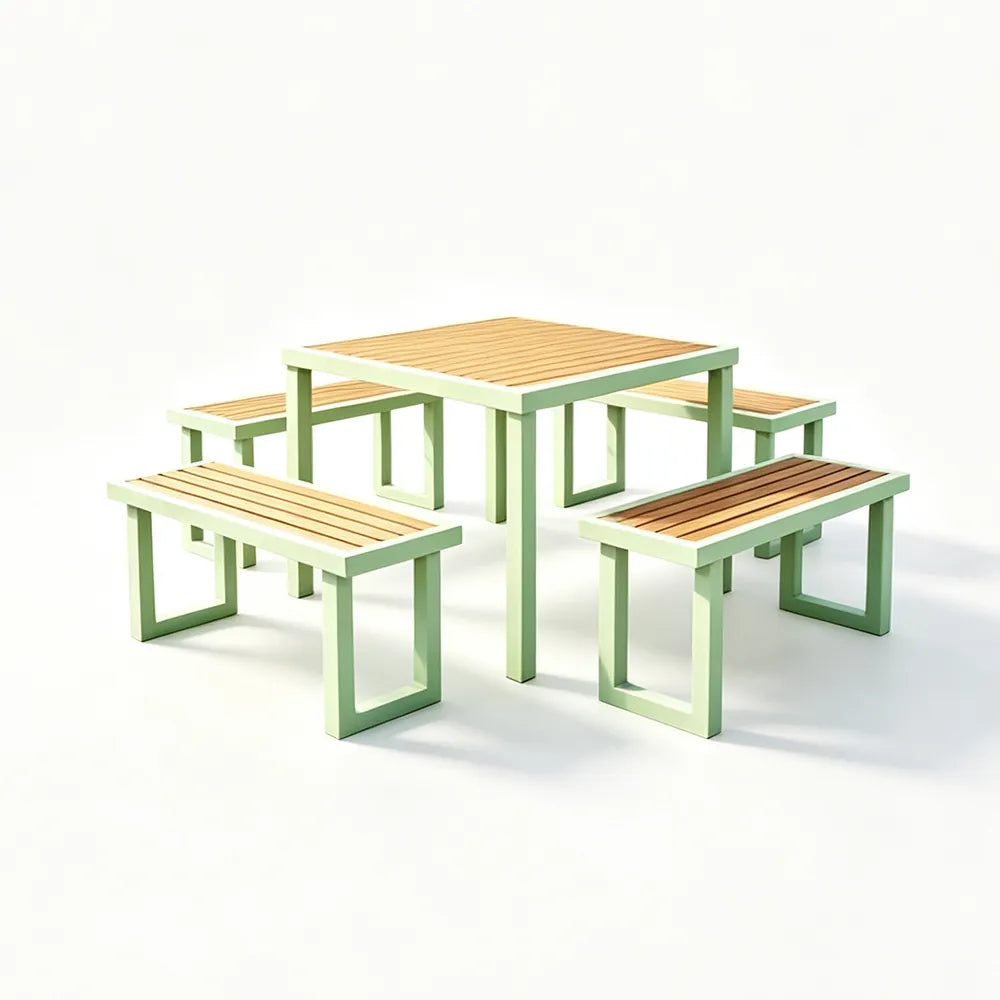 SOLARA Outdoor Dining Set - 75cm Square Table with 4 Benches WPC Surface Iron Frame Patio Furniture for Garden Cafe Leisure Spaces - Green