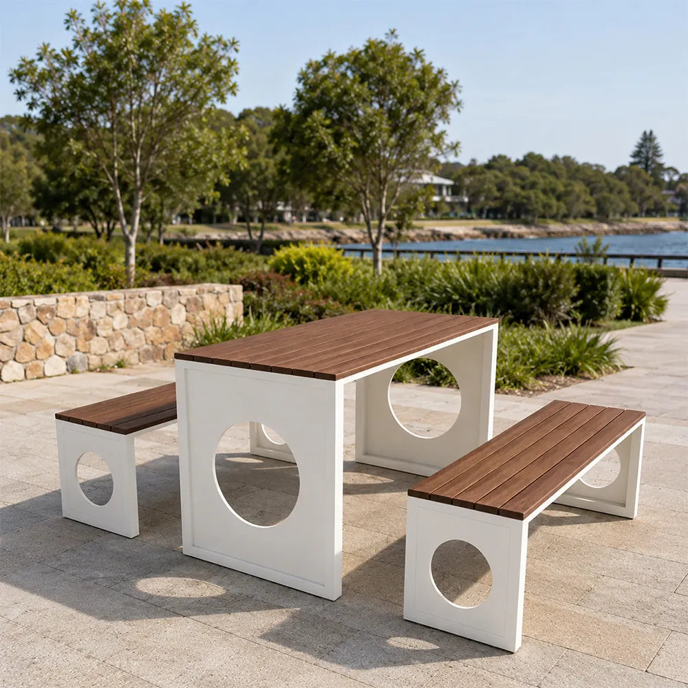 SOLARA Outdoor Dining Set - 140cm Table with 2 Chairs WPC Top Iron Frame Patio Furniture for Cafe Garden Commercial Leisure Spaces - Natural
