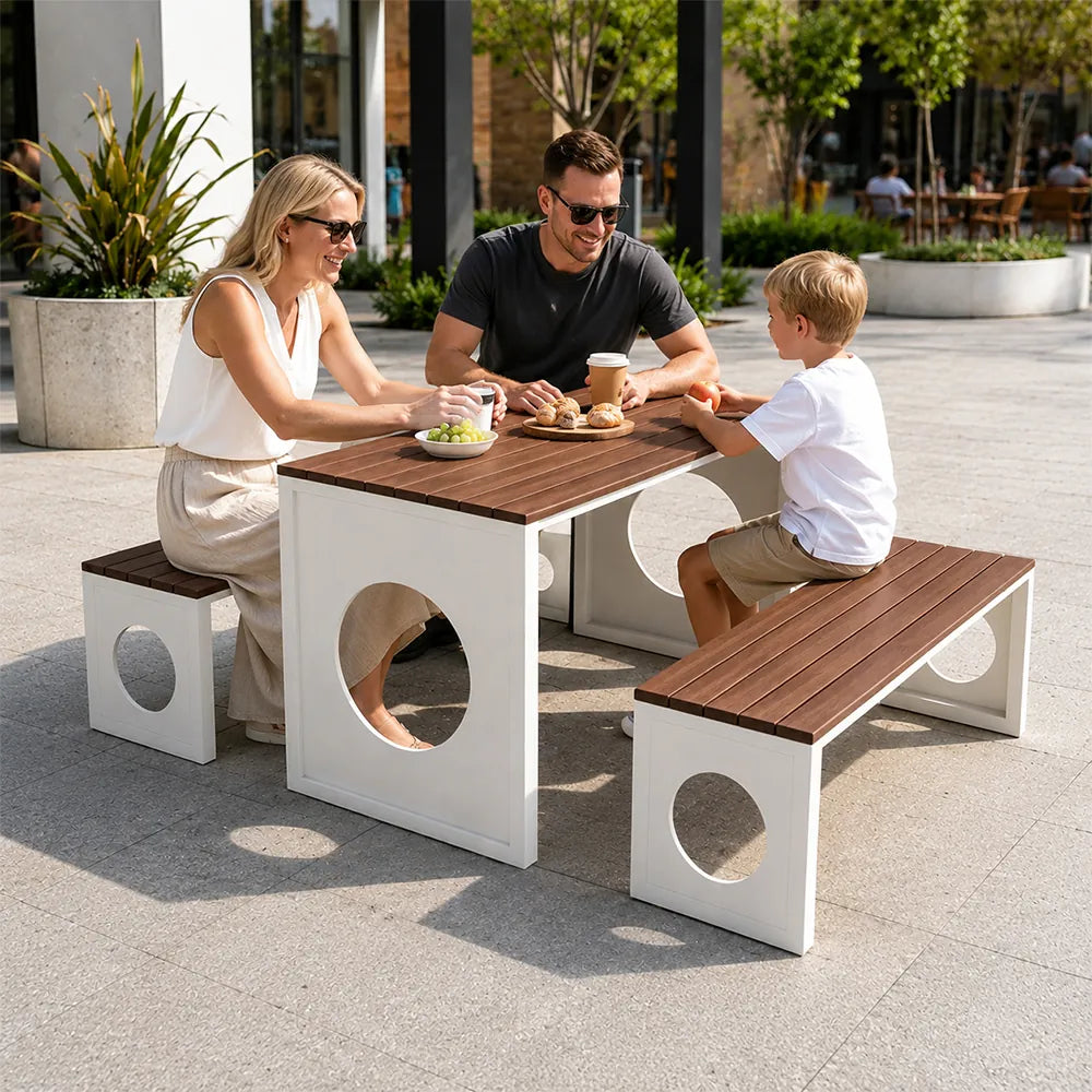 SOLARA Outdoor Dining Set - 140cm Table with 2 Chairs WPC Top Iron Frame Patio Furniture for Cafe Garden Commercial Leisure Spaces - Natural
