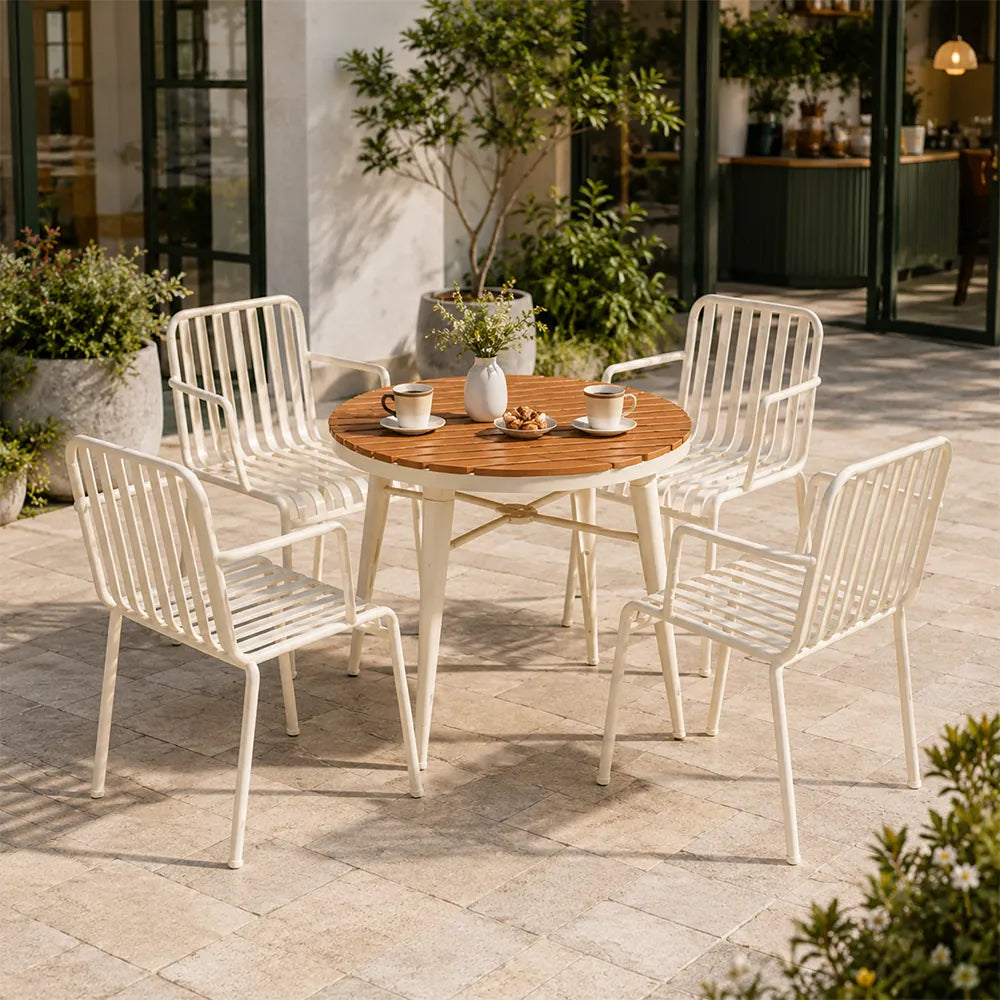 SOLARA Outdoor Dining Set - 70cm Round Table with 4 Armchairs Metal Frame Patio Furniture for Garden Cafe Terrace Leisure Spaces - Cream