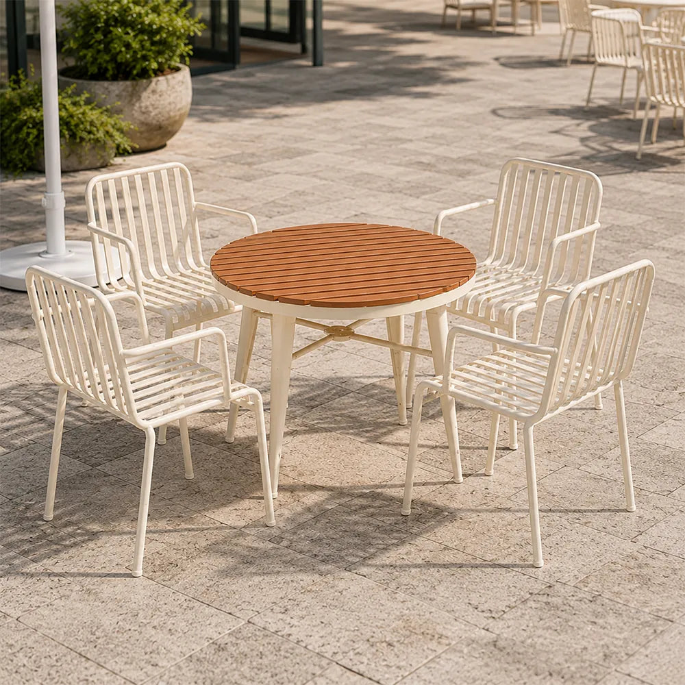 SOLARA Outdoor Dining Set - 70cm Round Table with 4 Armchairs Metal Frame Patio Furniture for Garden Cafe Terrace Leisure Spaces - Cream