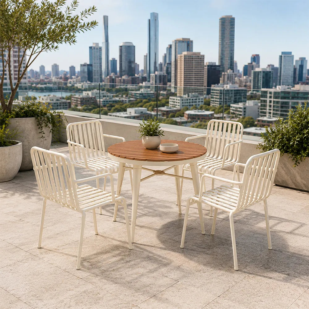 SOLARA Outdoor Dining Set - 70cm Round Table with 4 Armchairs Metal Frame Patio Furniture for Garden Cafe Terrace Leisure Spaces - Cream