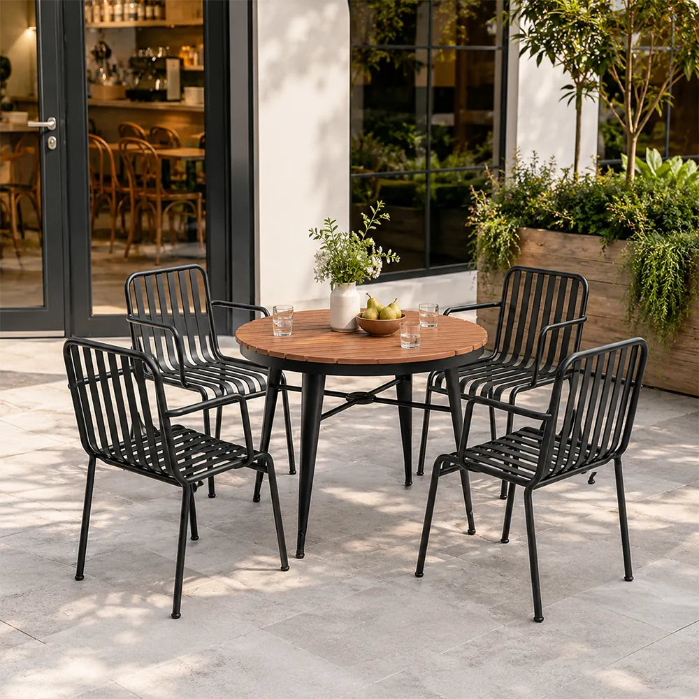 SOLARA Outdoor Dining Set - 70cm Round Table with 4 Armchairs Metal Frame Patio Furniture for Garden Cafe Terrace Leisure Spaces - Black