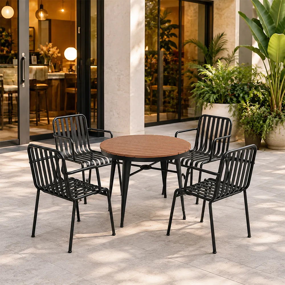 SOLARA Outdoor Dining Set - 70cm Round Table with 4 Armchairs Metal Frame Patio Furniture for Garden Cafe Terrace Leisure Spaces - Black