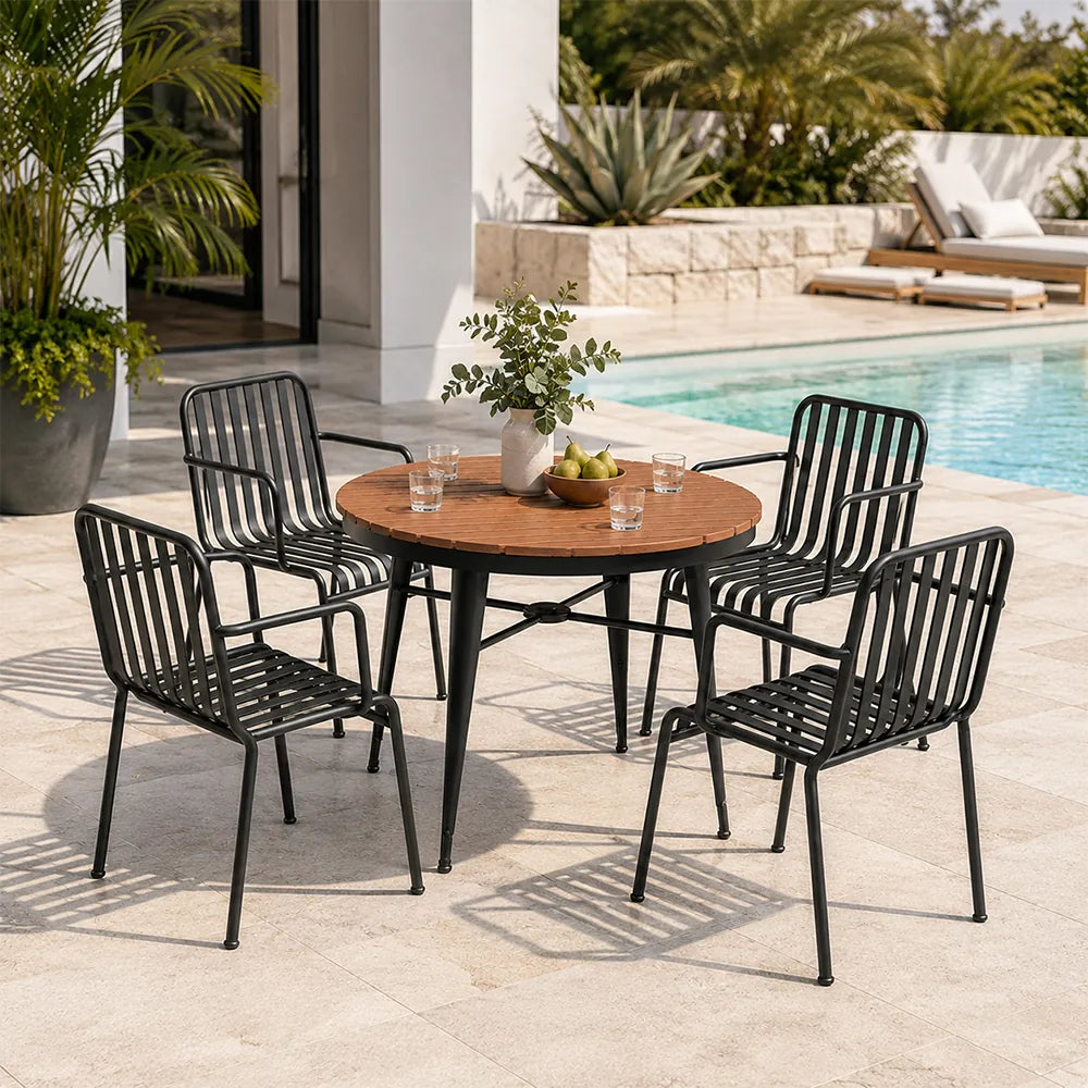 SOLARA Outdoor Dining Set - 70cm Round Table with 4 Armchairs Metal Frame Patio Furniture for Garden Cafe Terrace Leisure Spaces - Black