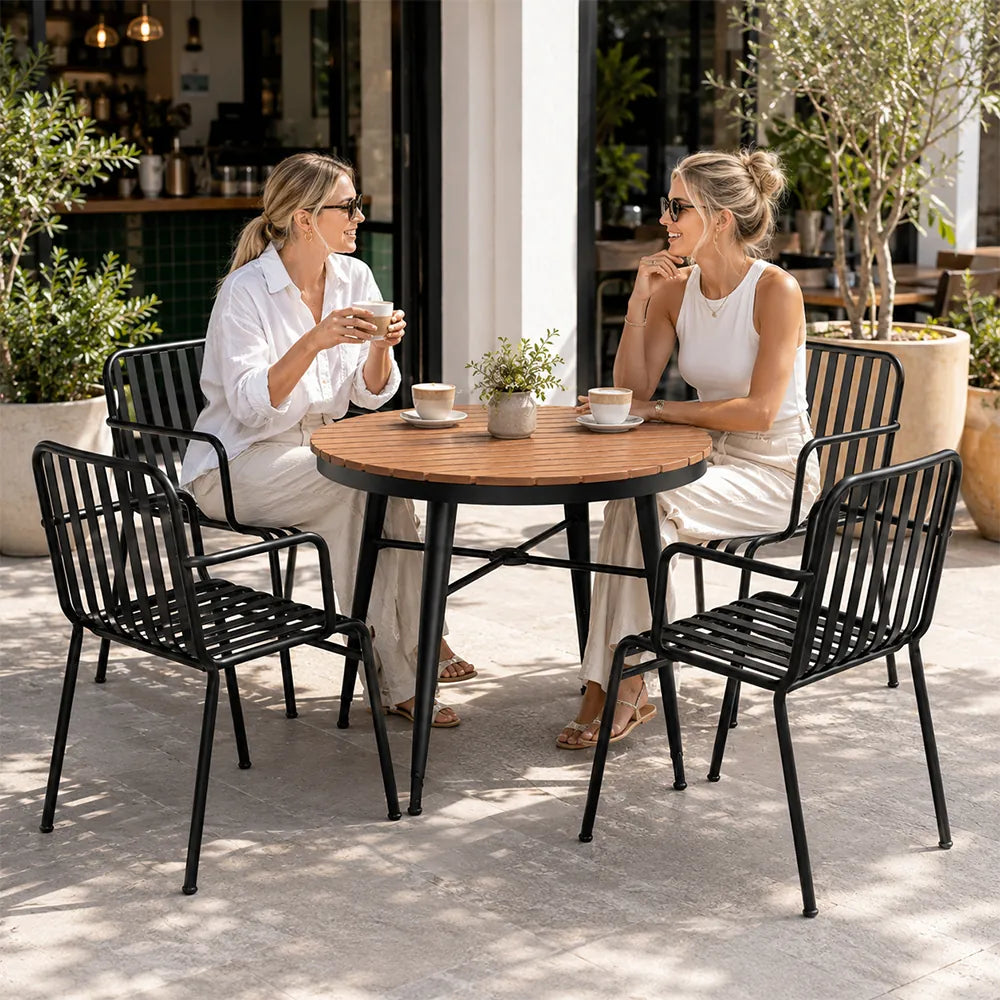 SOLARA Outdoor Dining Set - 70cm Round Table with 4 Armchairs Metal Frame Patio Furniture for Garden Cafe Terrace Leisure Spaces - Black