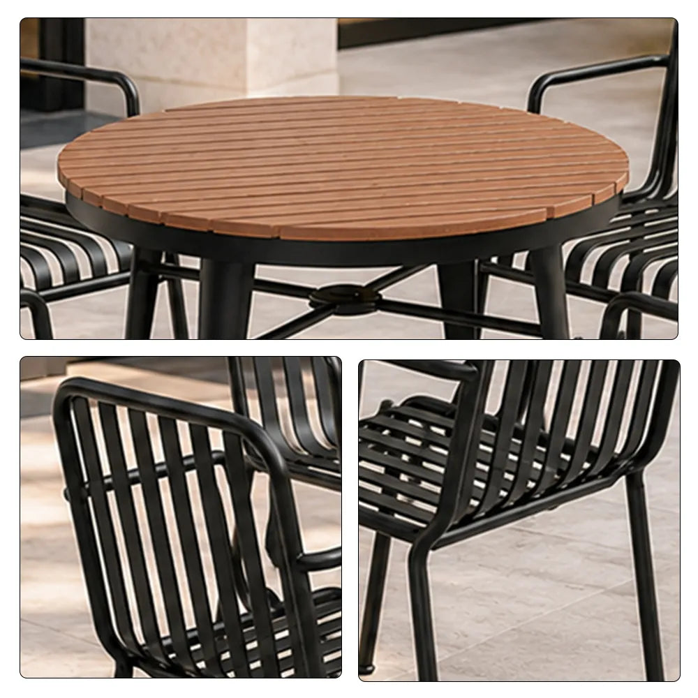 SOLARA Outdoor Dining Set - 70cm Round Table with 4 Armchairs Metal Frame Patio Furniture for Garden Cafe Terrace Leisure Spaces - Black