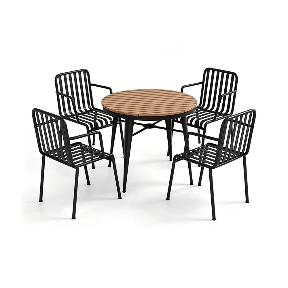 SOLARA Outdoor Dining Set - 70cm Round Table with 4 Armchairs Metal Frame Patio Furniture for Garden Cafe Terrace Leisure Spaces - Black