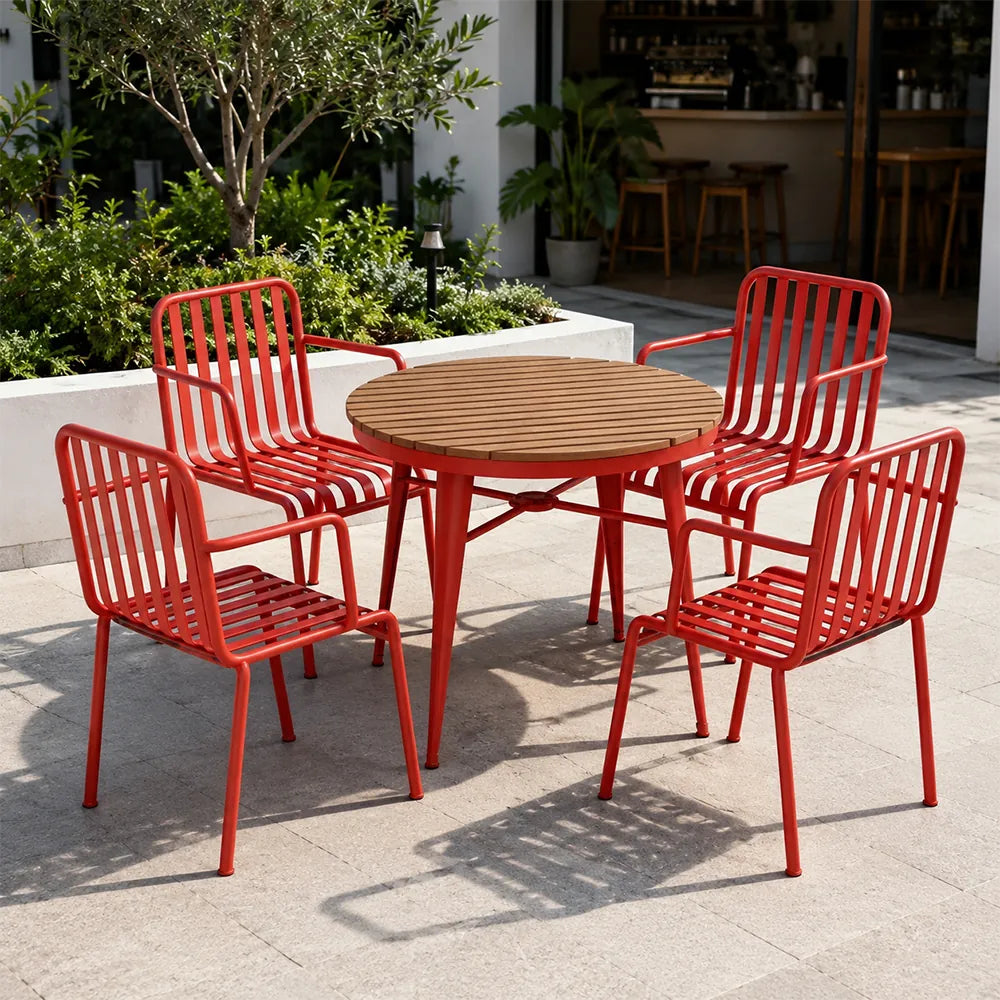SOLARA Outdoor Dining Set - 70cm Round Table with 4 Armchairs Metal Frame Patio Furniture for Garden Cafe Terrace Leisure Spaces - Red