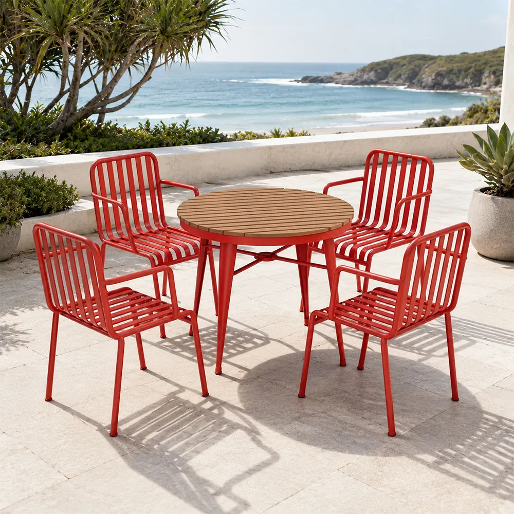 SOLARA Outdoor Dining Set - 70cm Round Table with 4 Armchairs Metal Frame Patio Furniture for Garden Cafe Terrace Leisure Spaces - Red