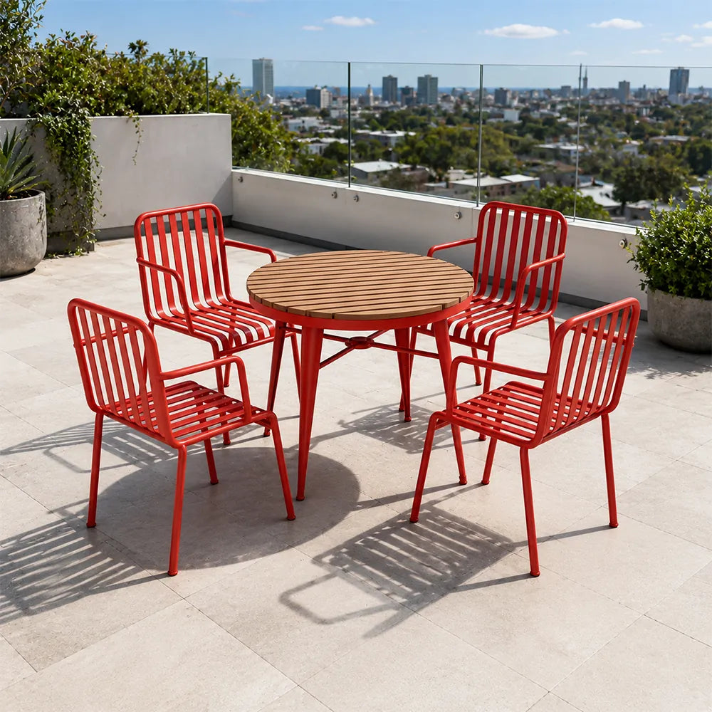 SOLARA Outdoor Dining Set - 70cm Round Table with 4 Armchairs Metal Frame Patio Furniture for Garden Cafe Terrace Leisure Spaces - Red