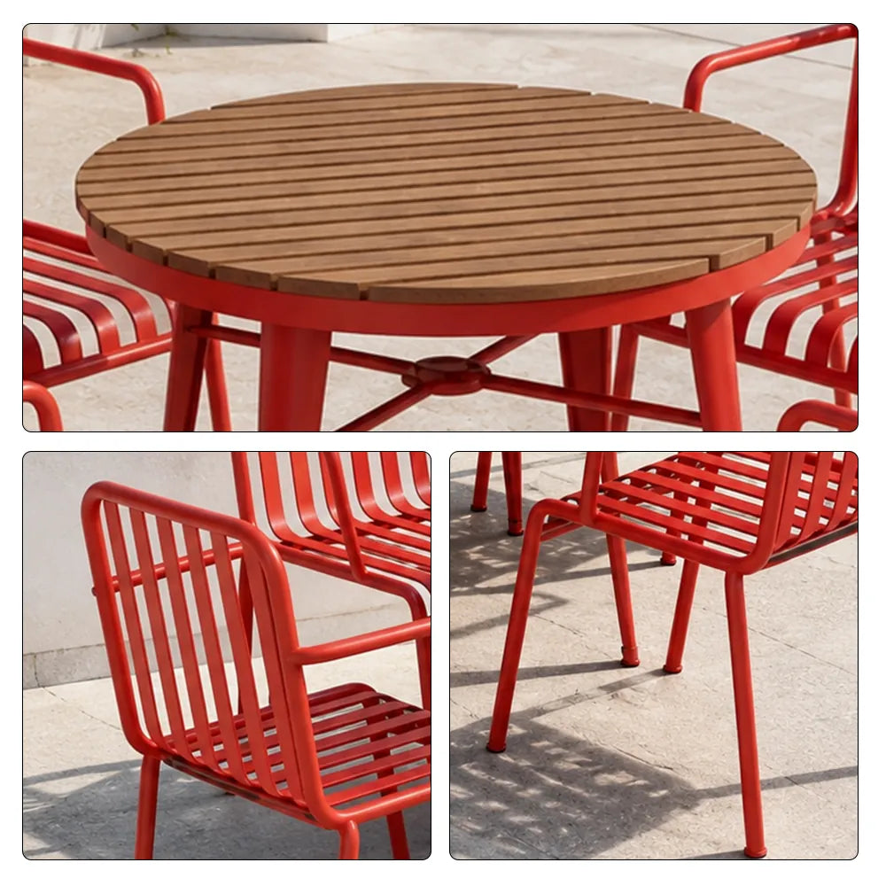 SOLARA Outdoor Dining Set - 70cm Round Table with 4 Armchairs Metal Frame Patio Furniture for Garden Cafe Terrace Leisure Spaces - Red