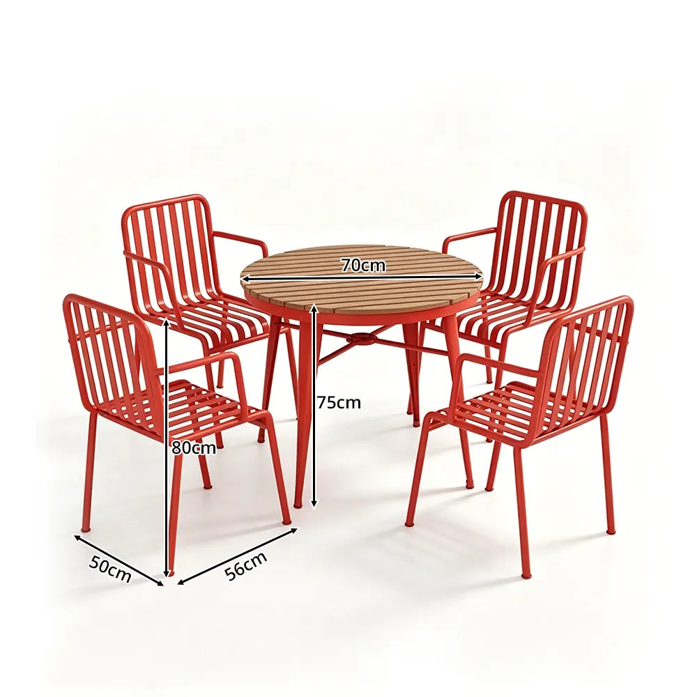 SOLARA Outdoor Dining Set - 70cm Round Table with 4 Armchairs Metal Frame Patio Furniture for Garden Cafe Terrace Leisure Spaces - Red