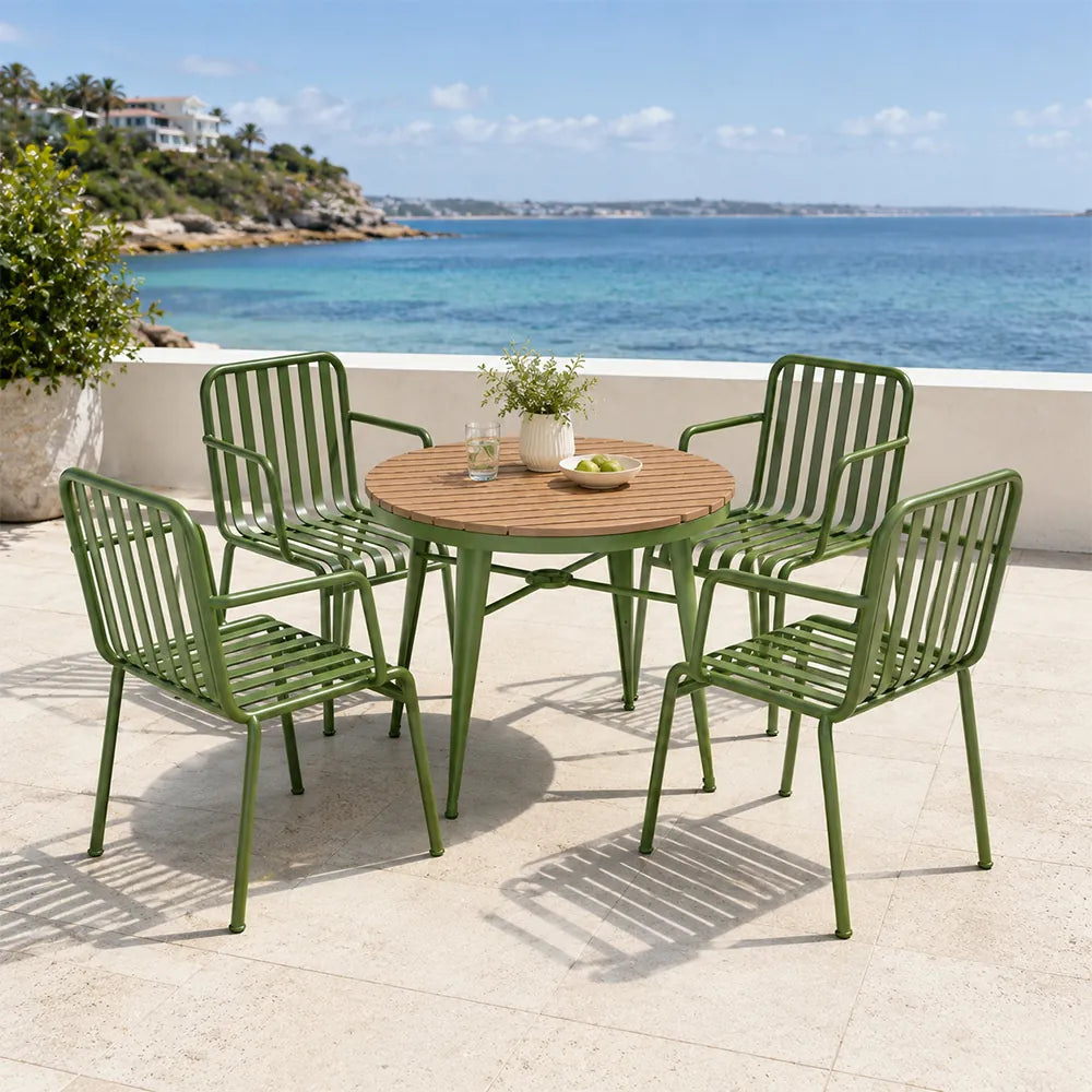 SOLARA Outdoor Dining Set - 70cm Round Table with 4 Armchairs Metal Frame Patio Furniture for Garden Cafe Terrace Leisure Spaces - Green