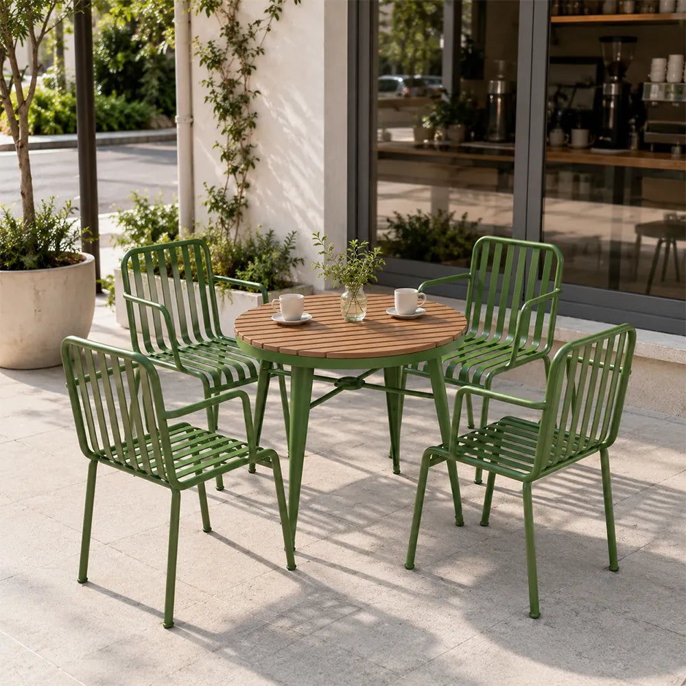 SOLARA Outdoor Dining Set - 70cm Round Table with 4 Armchairs Metal Frame Patio Furniture for Garden Cafe Terrace Leisure Spaces - Green