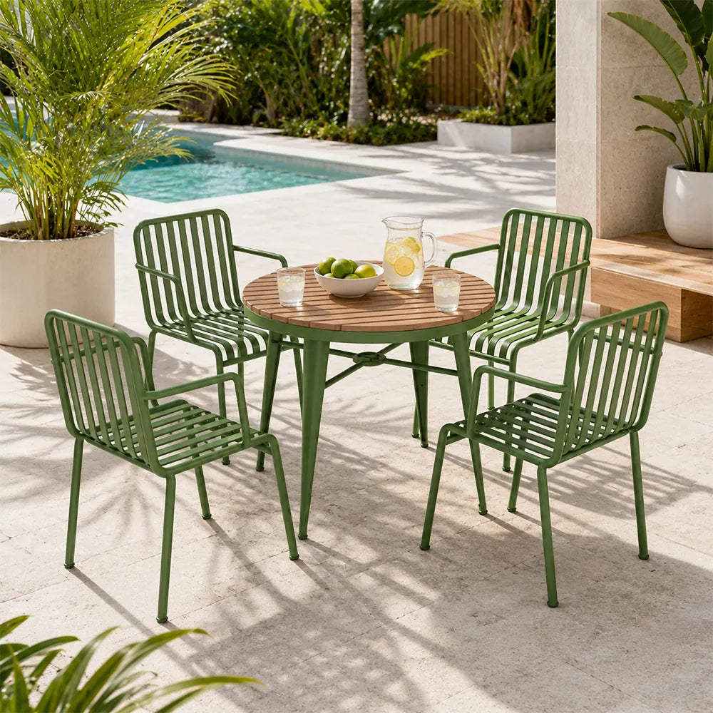 SOLARA Outdoor Dining Set - 70cm Round Table with 4 Armchairs Metal Frame Patio Furniture for Garden Cafe Terrace Leisure Spaces - Green