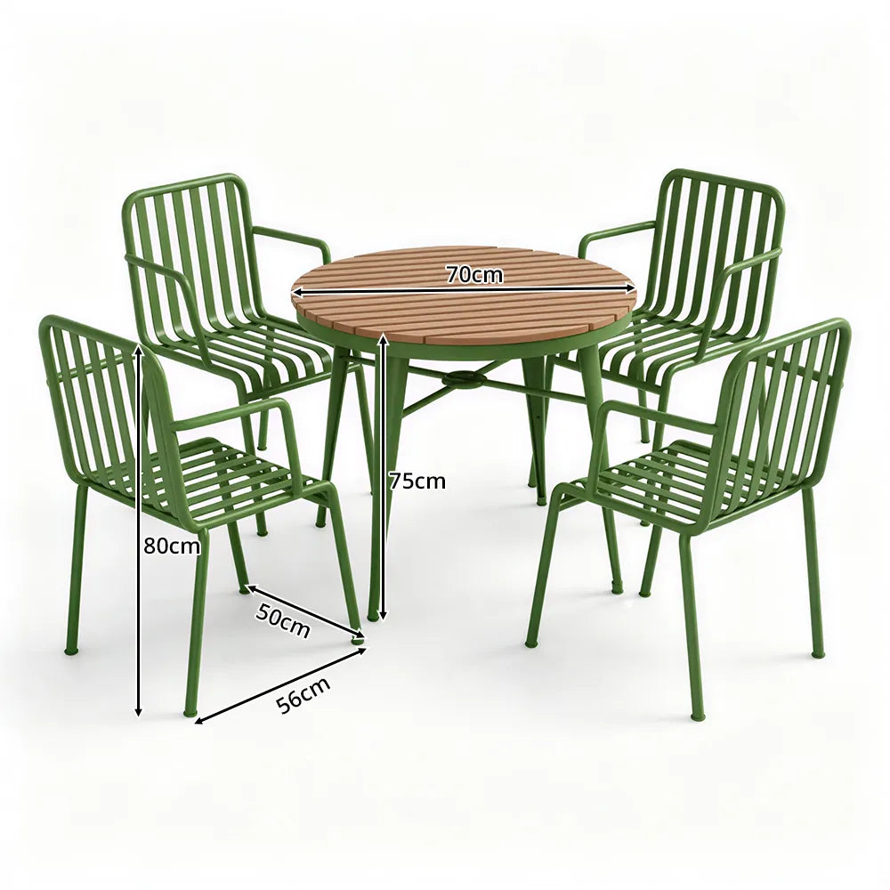 SOLARA Outdoor Dining Set - 70cm Round Table with 4 Armchairs Metal Frame Patio Furniture for Garden Cafe Terrace Leisure Spaces - Green