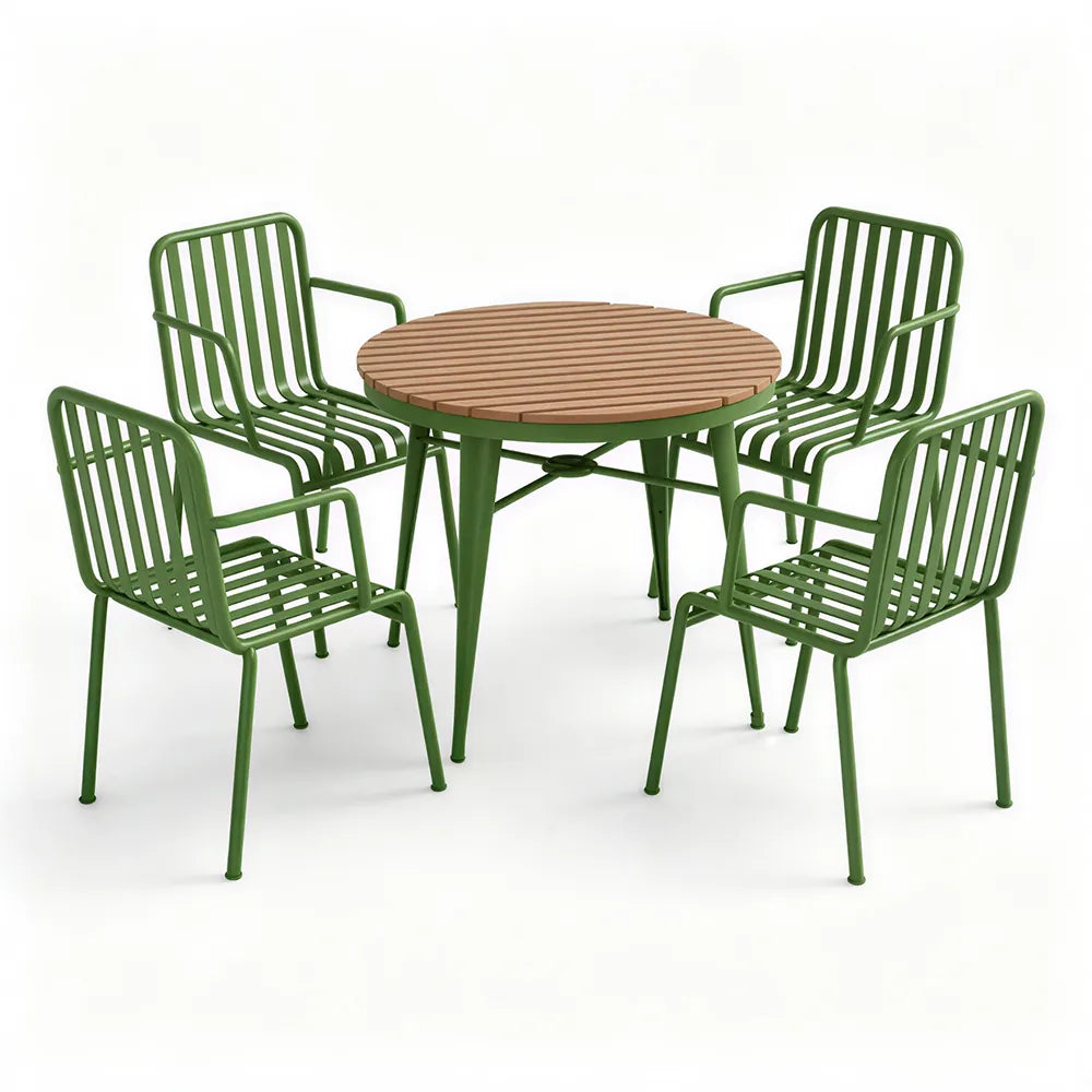 SOLARA Outdoor Dining Set - 70cm Round Table with 4 Armchairs Metal Frame Patio Furniture for Garden Cafe Terrace Leisure Spaces - Green