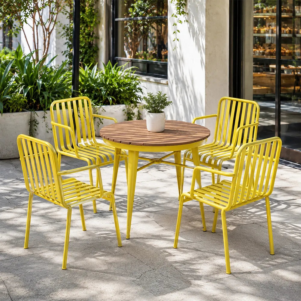 SOLARA Outdoor Dining Set - 70cm Round Table with 4 Armchairs Metal Frame Patio Furniture for Garden Cafe Terrace Leisure Spaces - Yellow