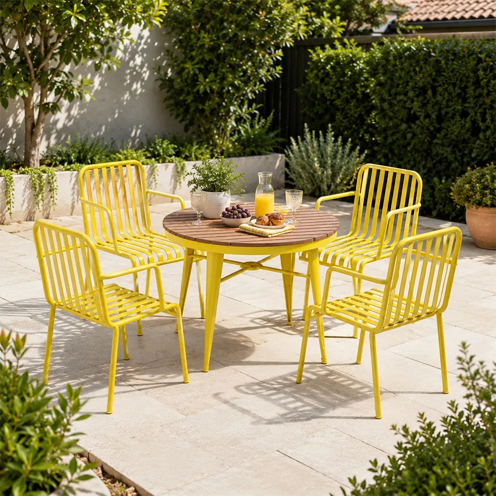 SOLARA Outdoor Dining Set - 70cm Round Table with 4 Armchairs Metal Frame Patio Furniture for Garden Cafe Terrace Leisure Spaces - Yellow