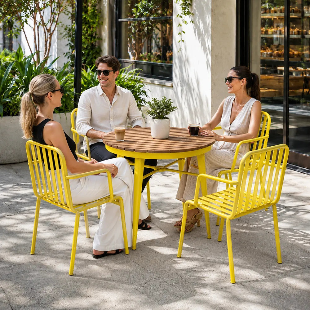 SOLARA Outdoor Dining Set - 70cm Round Table with 4 Armchairs Metal Frame Patio Furniture for Garden Cafe Terrace Leisure Spaces - Yellow