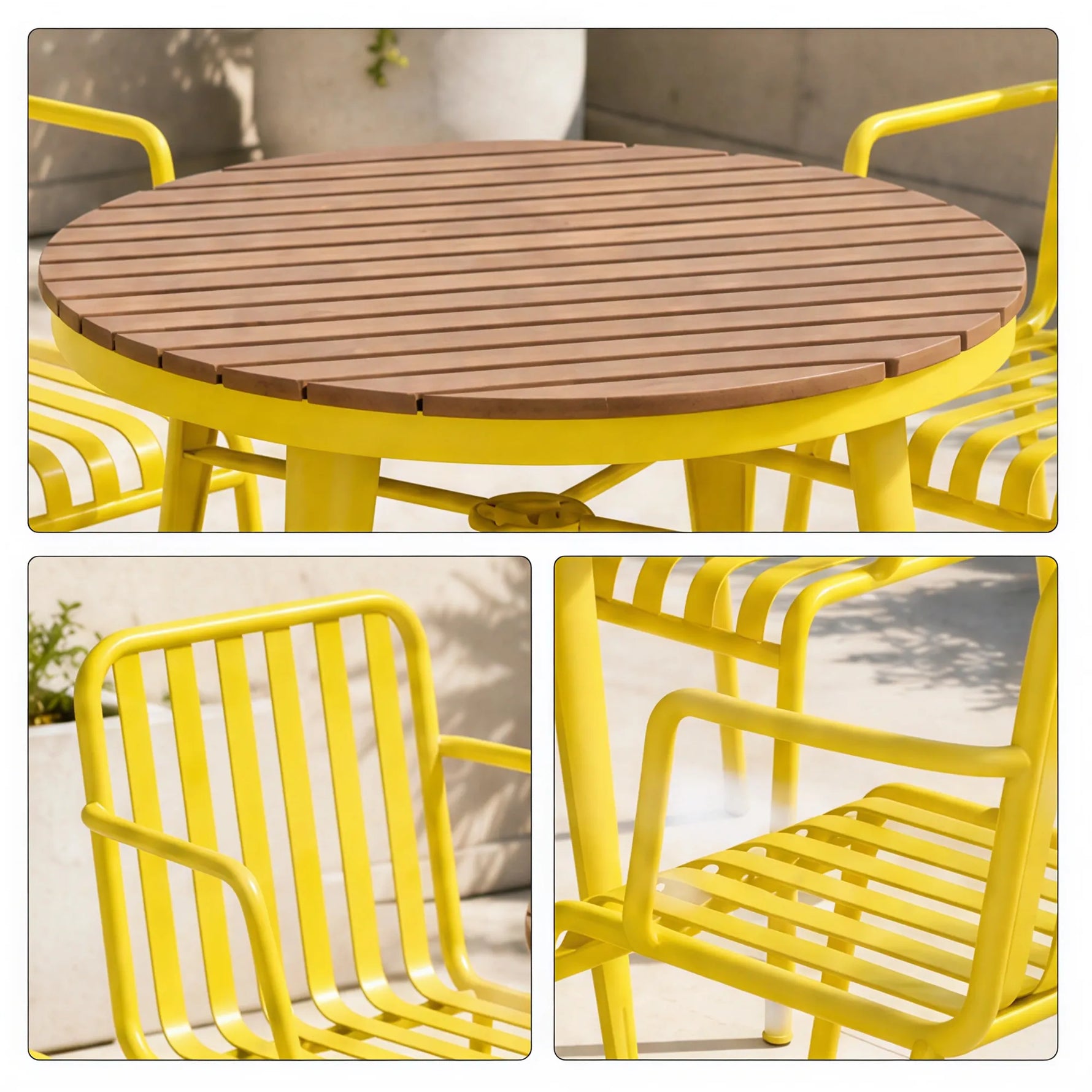 SOLARA Outdoor Dining Set - 70cm Round Table with 4 Armchairs Metal Frame Patio Furniture for Garden Cafe Terrace Leisure Spaces - Yellow