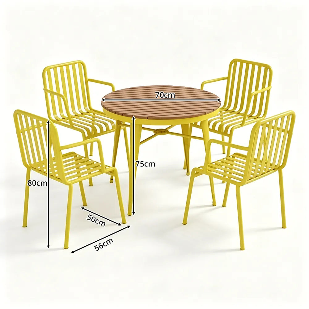 SOLARA Outdoor Dining Set - 70cm Round Table with 4 Armchairs Metal Frame Patio Furniture for Garden Cafe Terrace Leisure Spaces - Yellow