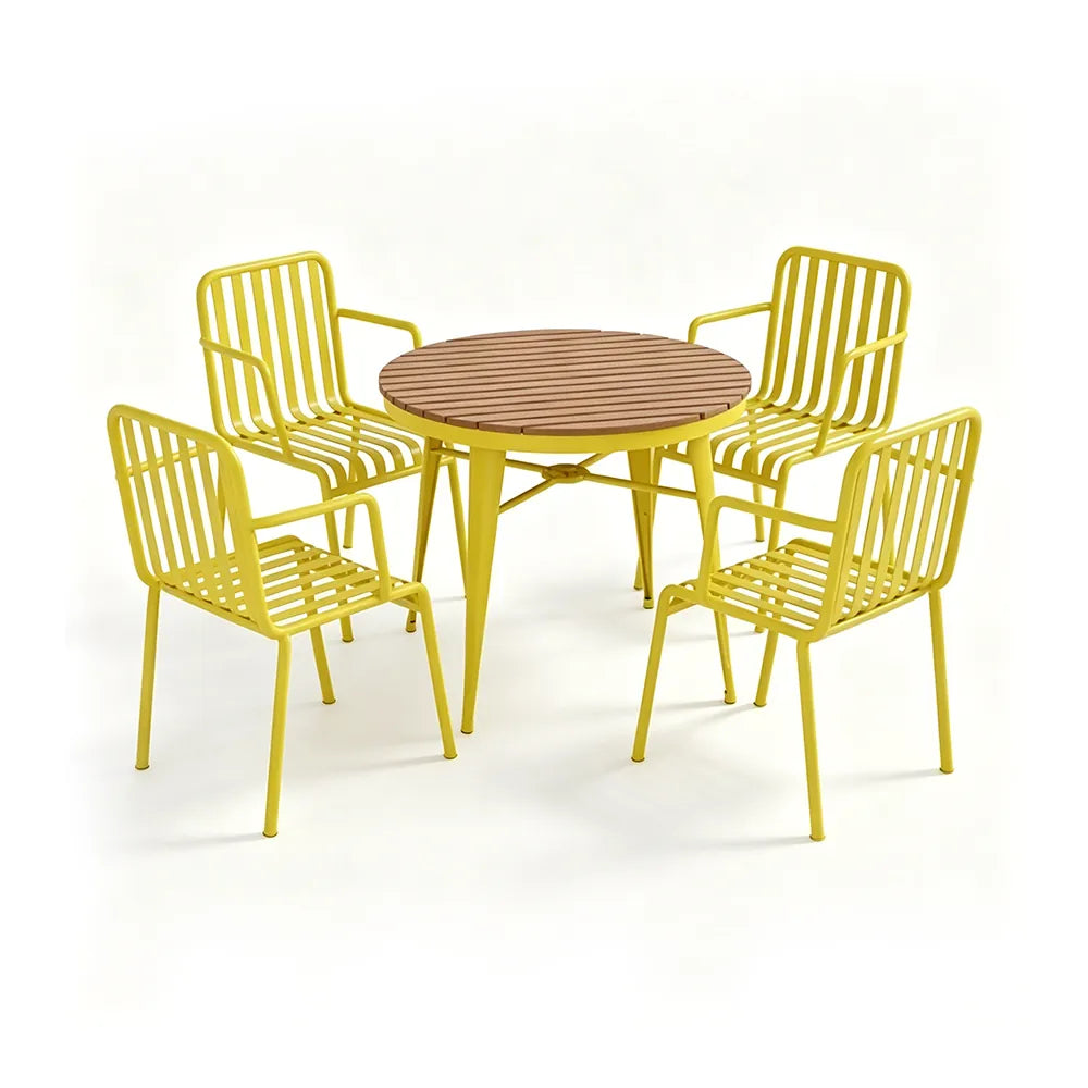 SOLARA Outdoor Dining Set - 70cm Round Table with 4 Armchairs Metal Frame Patio Furniture for Garden Cafe Terrace Leisure Spaces - Yellow