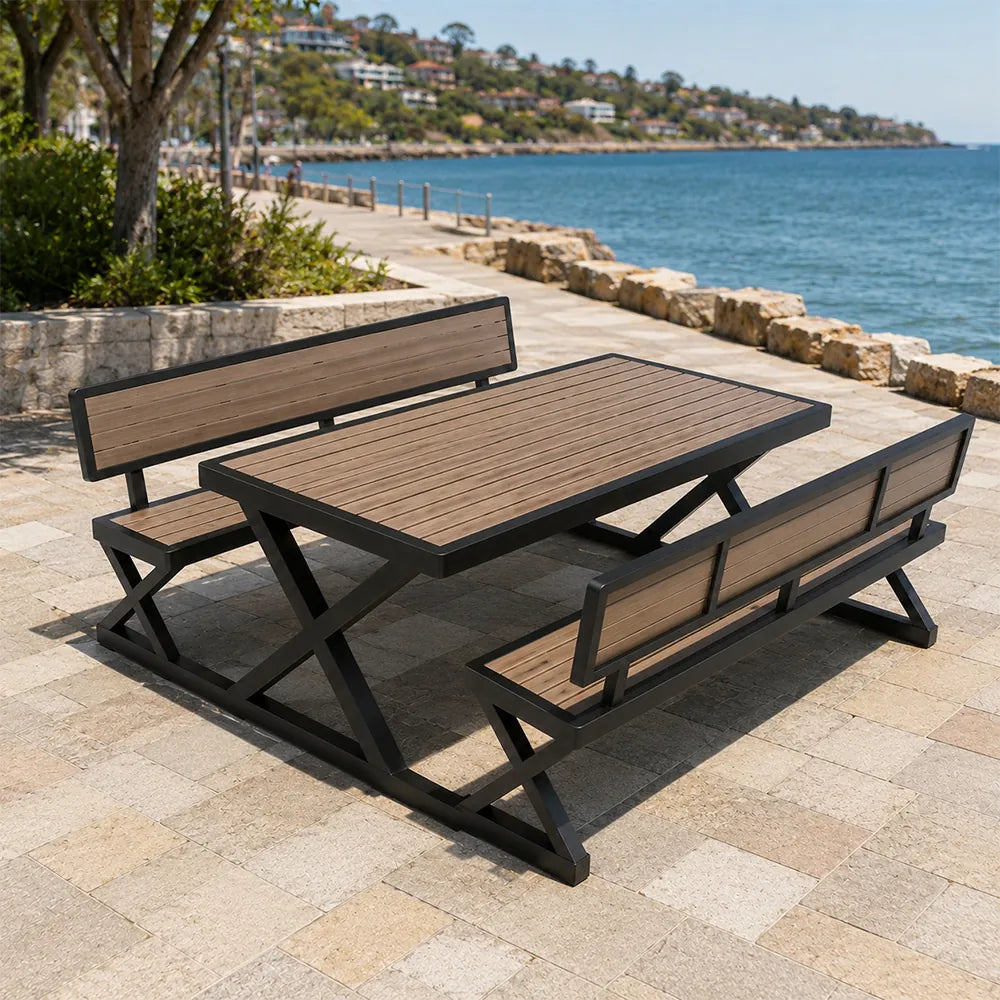 SOLARA Outdoor Picnic Table Set - 140cm Table with Backrest Benches WPC Top Metal Frame Garden Park Patio Furniture - Black
