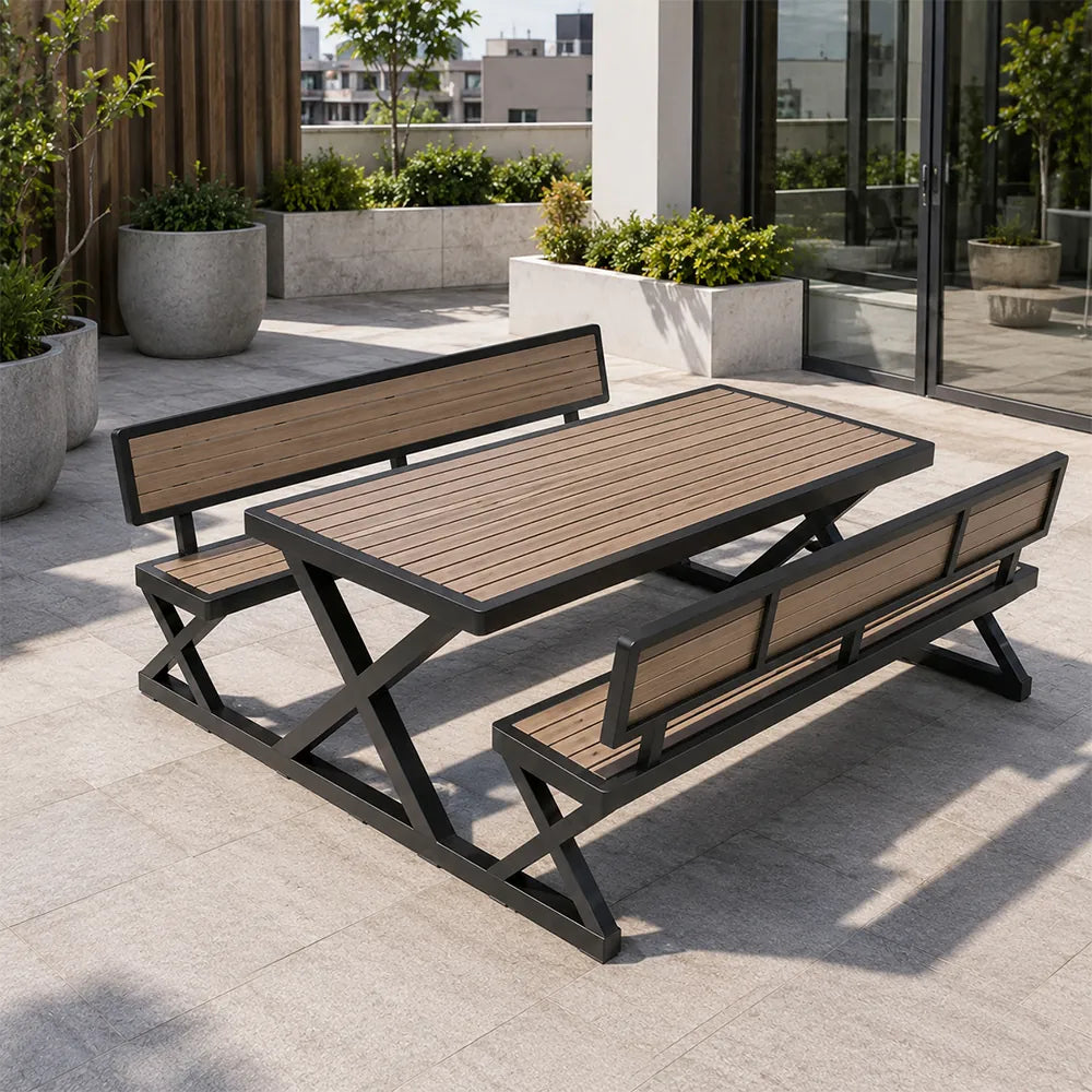 SOLARA Outdoor Picnic Table Set - 140cm Table with Backrest Benches WPC Top Metal Frame Garden Park Patio Furniture - Black