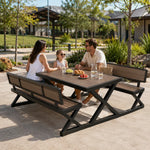SOLARA Outdoor Picnic Table Set - 140cm Table with Backrest Benches WPC Top Metal Frame Garden Park Patio Furniture - Black