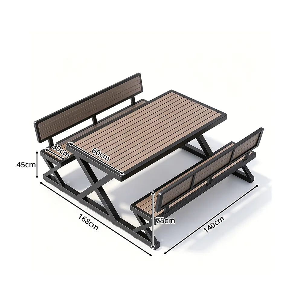 SOLARA Outdoor Picnic Table Set - 140cm Table with Backrest Benches WPC Top Metal Frame Garden Park Patio Furniture - Black