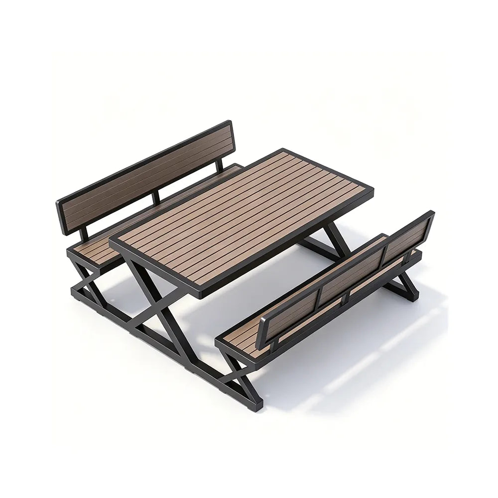 SOLARA Outdoor Picnic Table Set - 140cm Table with Backrest Benches WPC Top Metal Frame Garden Park Patio Furniture - Black