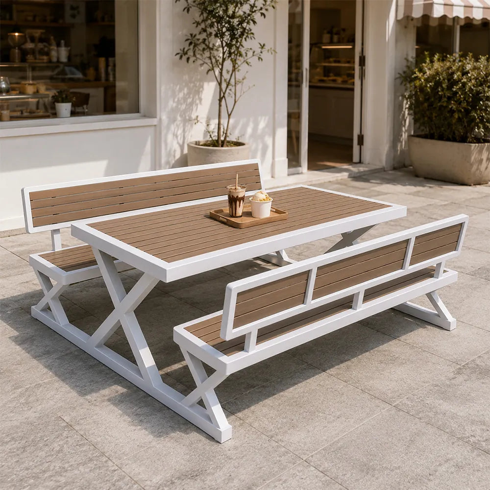 SOLARA Outdoor Picnic Table Set - 140cm Table with Backrest Benches WPC Top Metal Frame Garden Park Patio Furniture - White