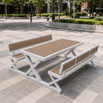 SOLARA Outdoor Picnic Table Set - 140cm Table with Backrest Benches WPC Top Metal Frame Garden Park Patio Furniture - White