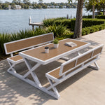 SOLARA Outdoor Picnic Table Set - 140cm Table with Backrest Benches WPC Top Metal Frame Garden Park Patio Furniture - White