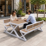 SOLARA Outdoor Picnic Table Set - 140cm Table with Backrest Benches WPC Top Metal Frame Garden Park Patio Furniture - White
