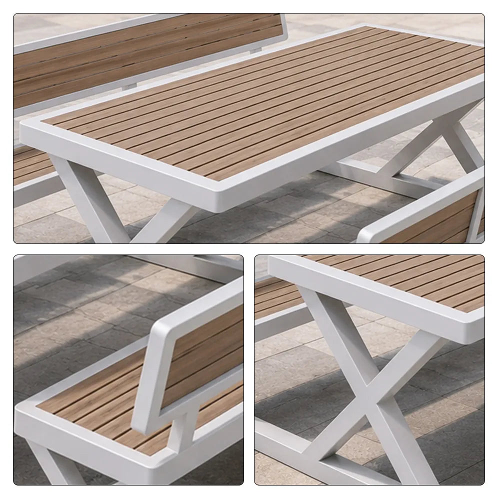 SOLARA Outdoor Picnic Table Set - 140cm Table with Backrest Benches WPC Top Metal Frame Garden Park Patio Furniture - White