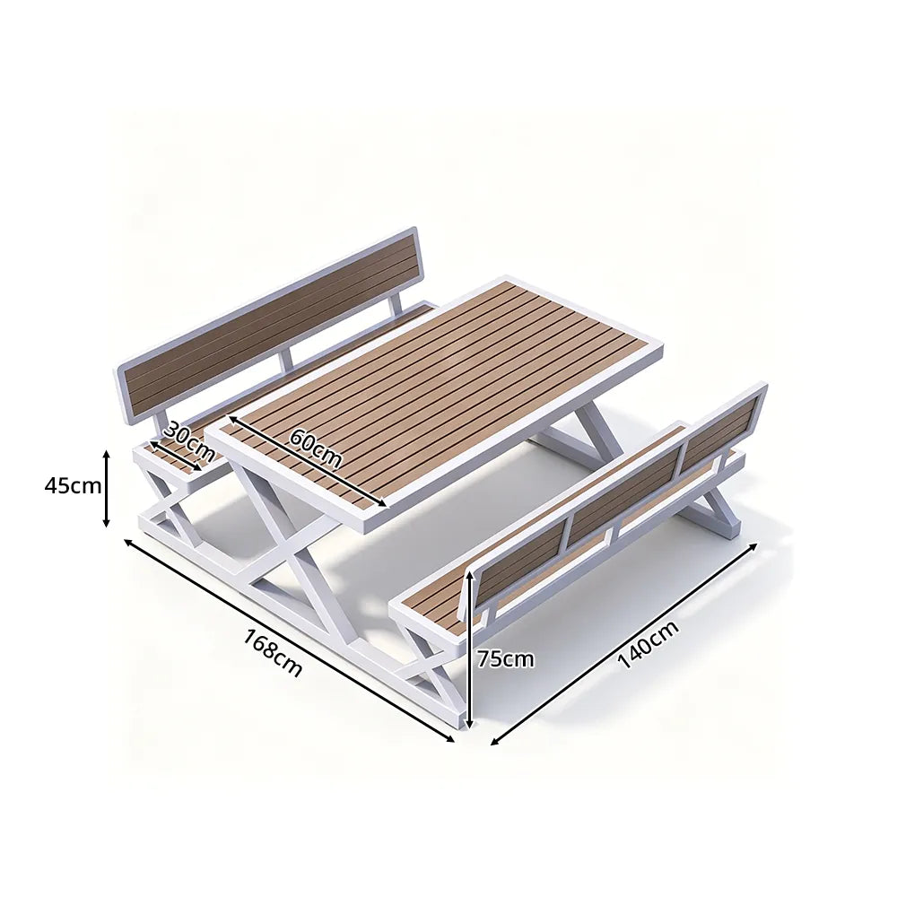 SOLARA Outdoor Picnic Table Set - 140cm Table with Backrest Benches WPC Top Metal Frame Garden Park Patio Furniture - White